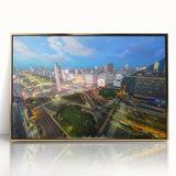 Large art print of Buenos Aires skyline in muted gold and blue tones on framed acrylic, ideal for modern art wall decor.