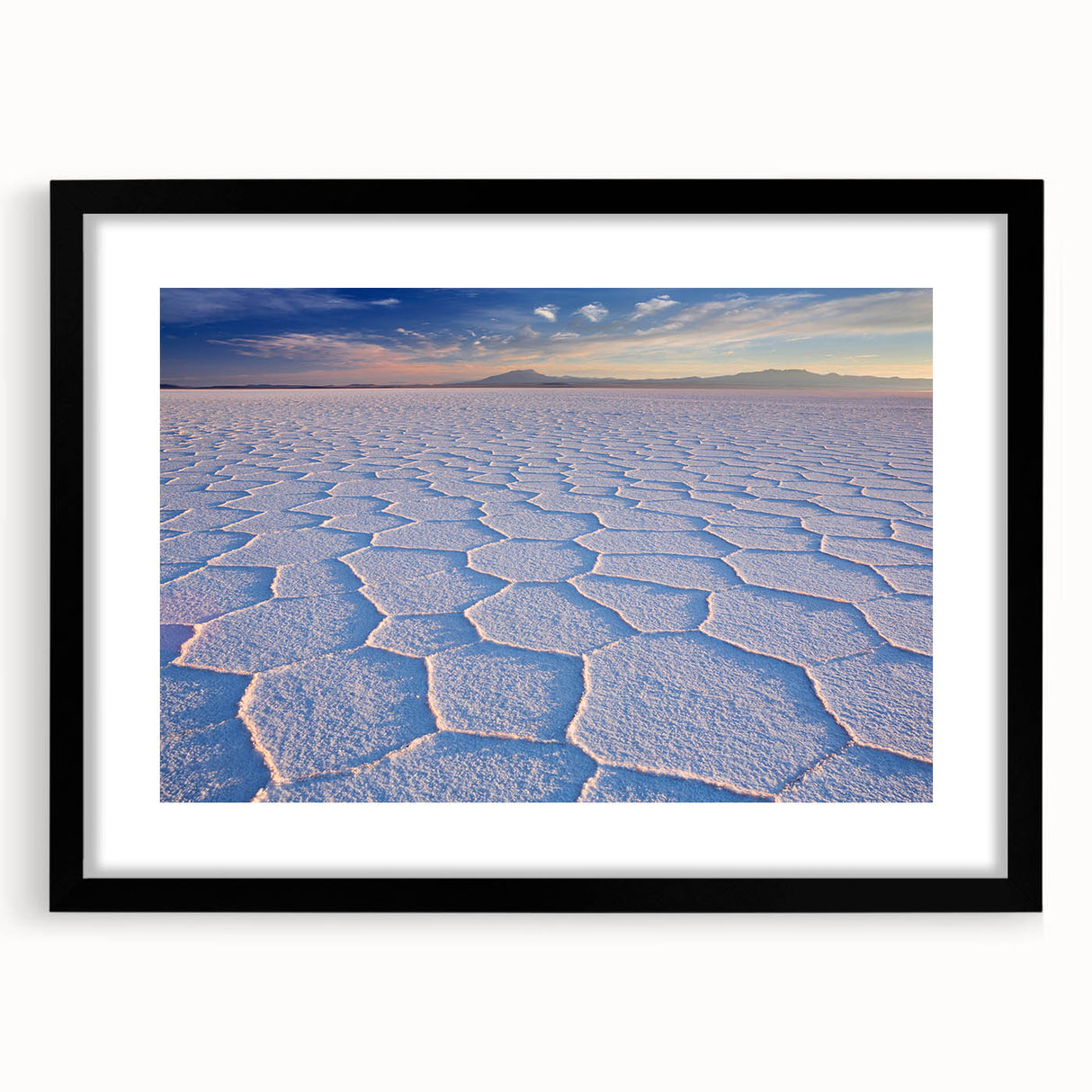 Extra large abstract art print depicting a colorful, textured scene of Bolivia's landscape on a black framed canvas.