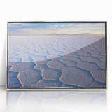 Mid-century modernist art of Bolivian scenery in silver-framed acrylic, featuring earthy tones.