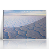 Acrylic print of a Bolivian landscape with soft pastel colors, framed in white, suitable for modern art wall decor.