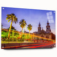 Acrylic print of Santiago skyline in muted earth tones, ideal for dining room decor.