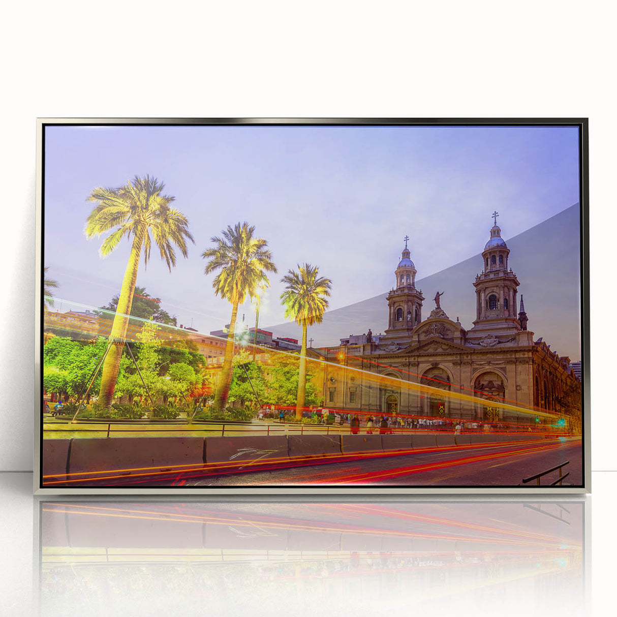 Mid-century modernist art of Santiago skyline in muted earth tones on a silver-framed acrylic print.