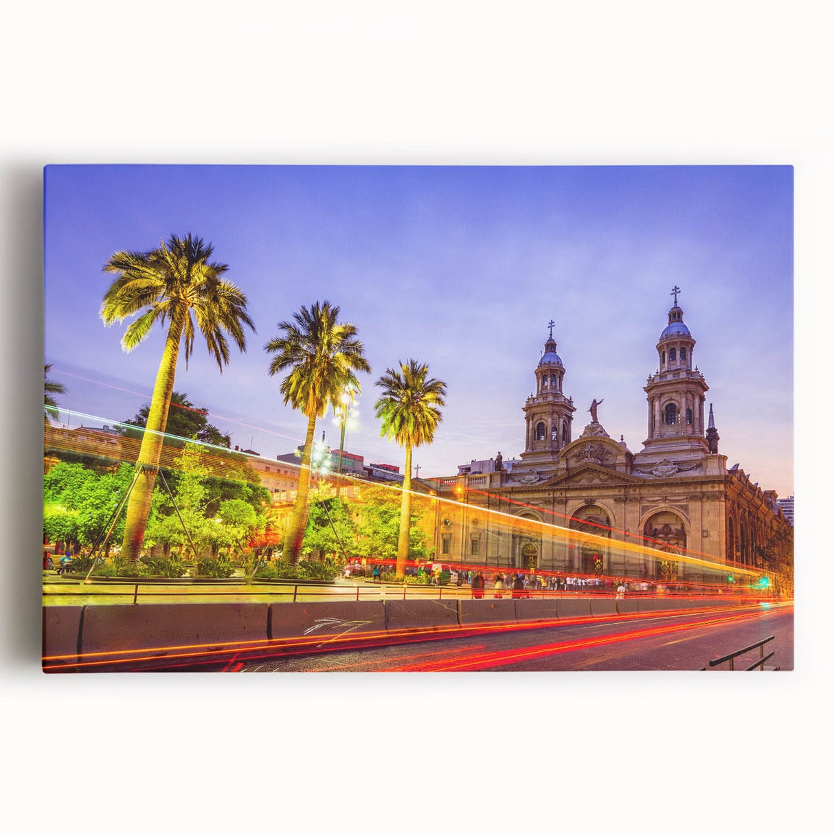 Black and white photograph of Santiago, Chile skyline on large stretched canvas, ideal for kitchen art.