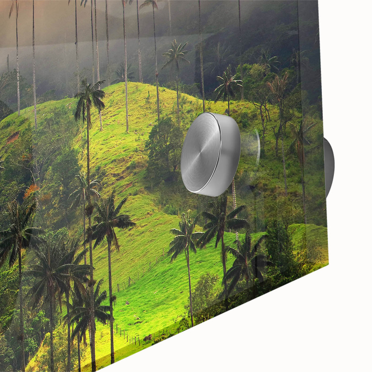 Large abstract wall art featuring a mid-century modernist Colombian landscape in muted earth tones.