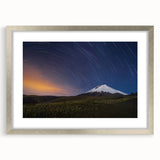 Textured abstract art print of Galapagos scenery in muted earth tones on a silver-framed mat, ideal for bedroom art.