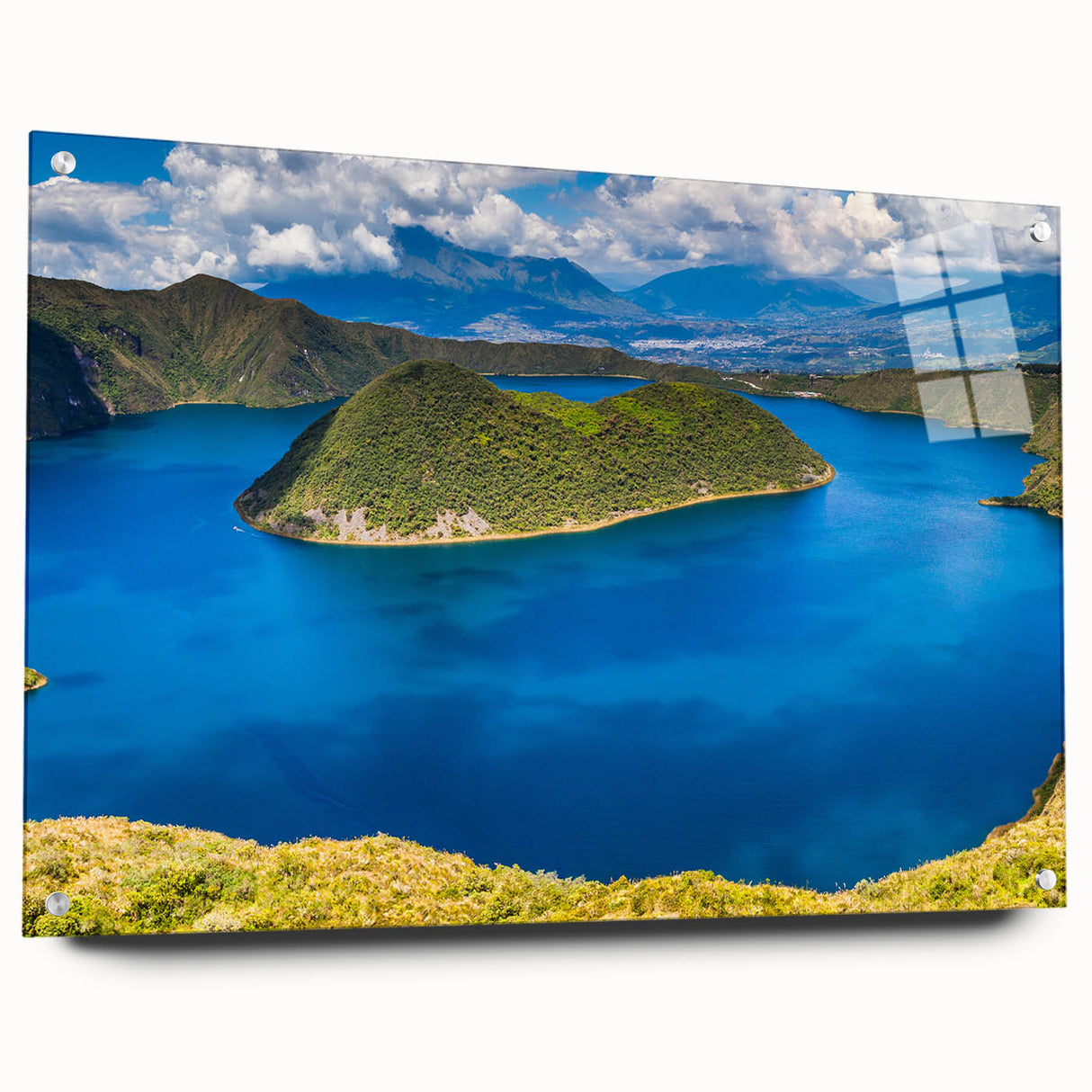 Acrylic print of a large abstract depiction of Ecuadorian scenery in vibrant earth tones.