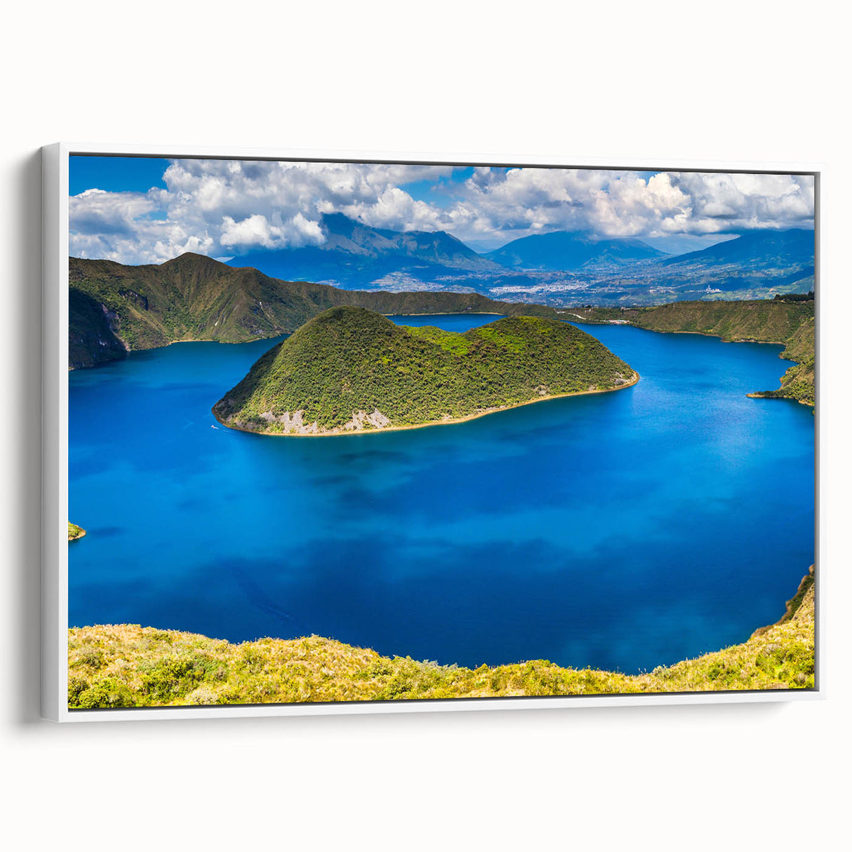 Vintage poster art of a South American landscape on a framed canvas, featuring a colorful palette.