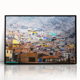 Large abstract wall art depicting a Peruvian landscape in muted earth tones on a framed acrylic.