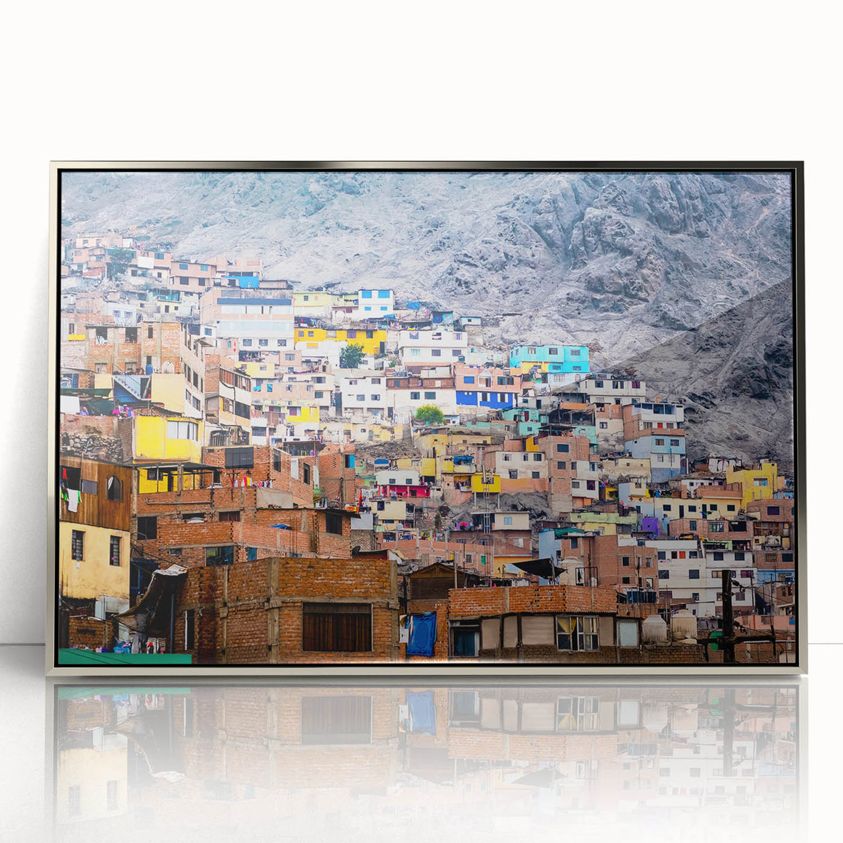 Mid-century modernist art depicting a serene Peruvian landscape in cool blues and greens, framed acrylic print.
