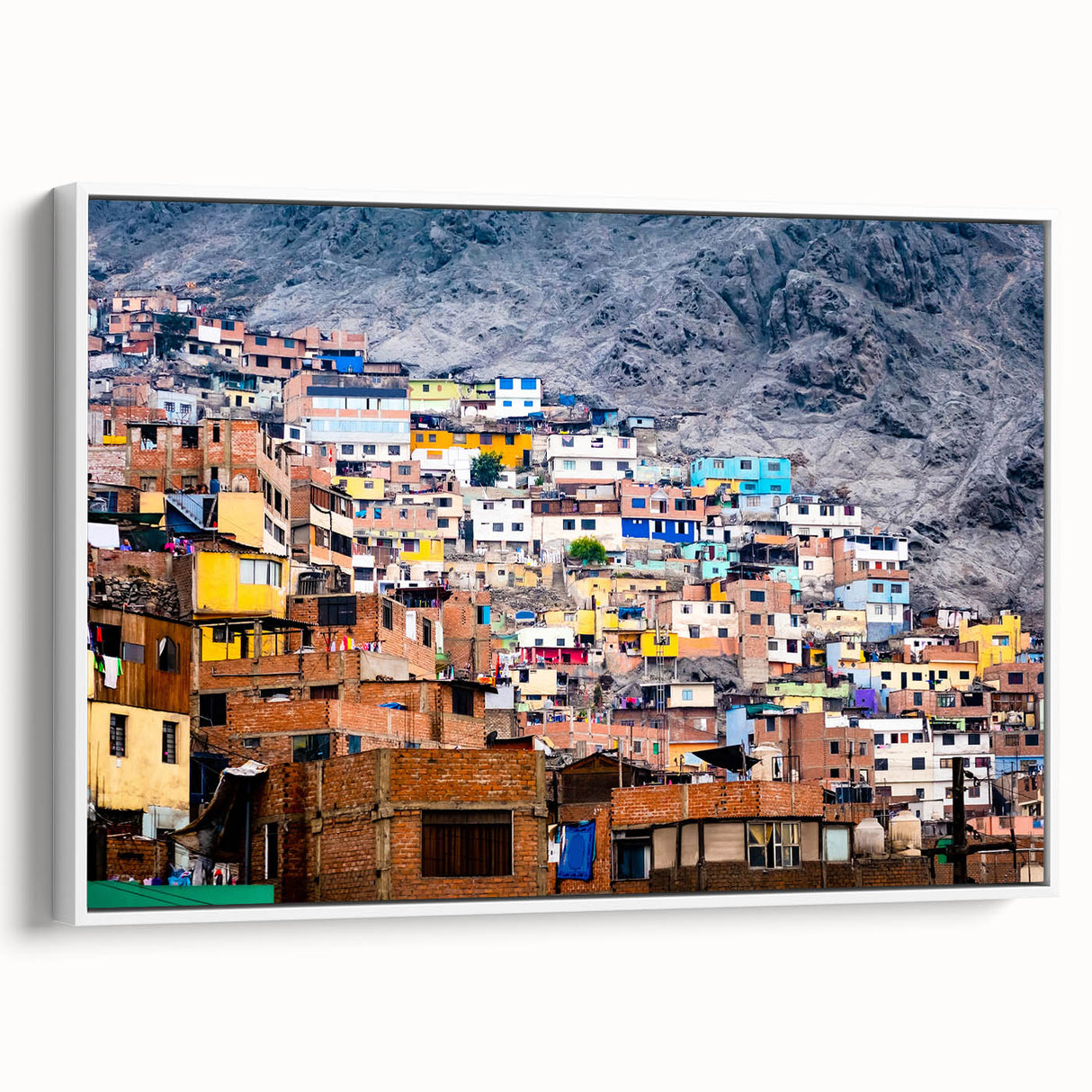 Vintage poster art of a scenic Peruvian landscape on framed canvas, featuring a colorful palette.