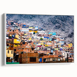Vintage poster art of a scenic Peruvian landscape on framed canvas, featuring a colorful palette.