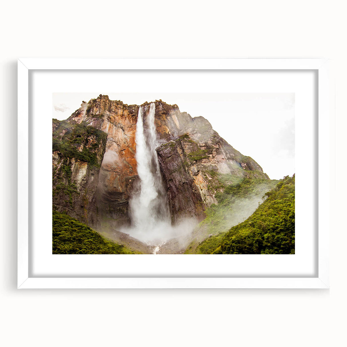 Abstract art print of a Venezuelan landscape in muted earth tones on a framed white mat, ideal for dining room decor.