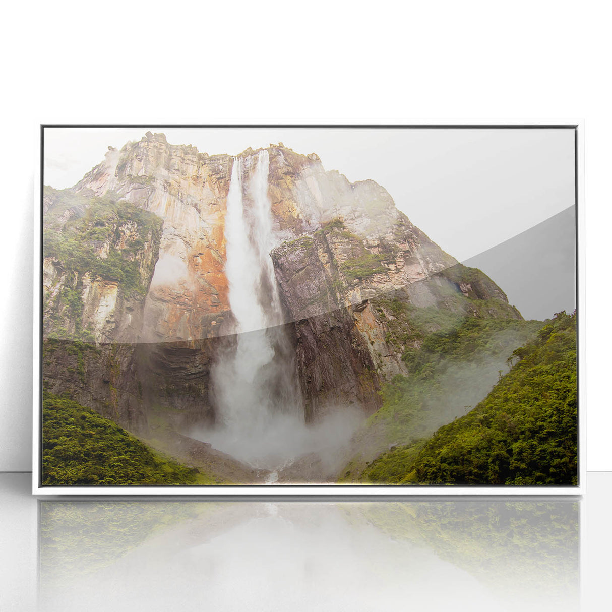 Art deco poster depicting a scenic Venezuelan landscape in muted green and blue tones, framed acrylic print.