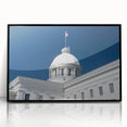 Large abstract wall art depicting an Alabama scenery in muted gray and blue tones, framed in black acrylic.