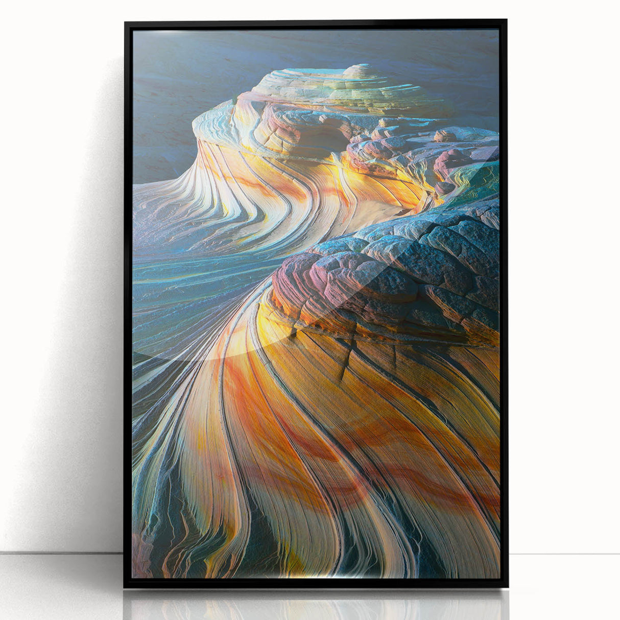 Large abstract wall art depicting Arizona's Coyote Buttes in muted earth tones on a framed acrylic.