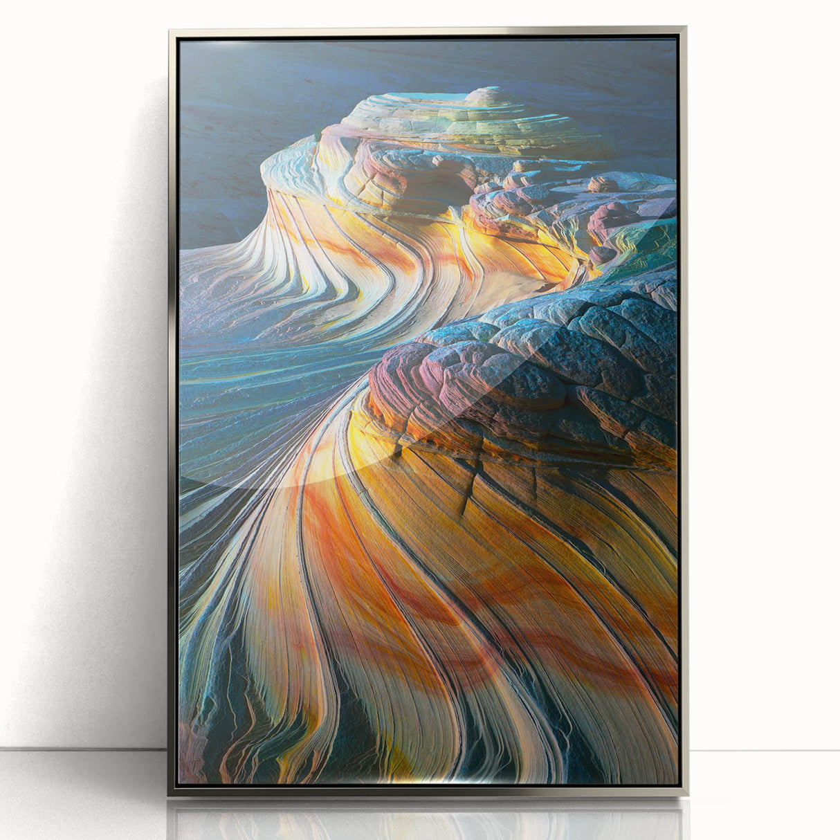 Mid-century modernist art depicting Arizona's Coyote Buttes in muted earth tones on a silver-framed acrylic.