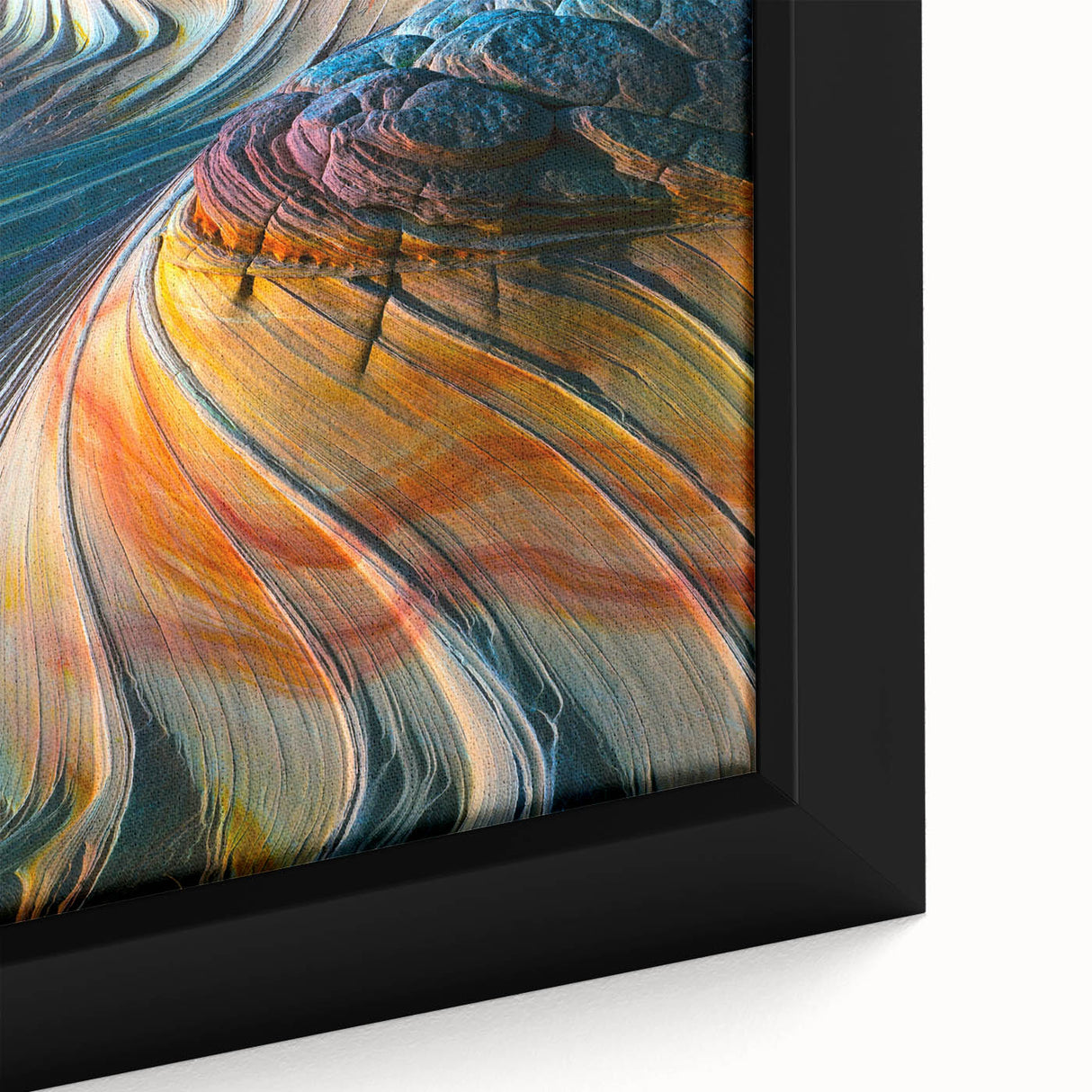 Framed canvas featuring textured, colorful art of Coyote Buttes in Arizona, using black and vibrant hues.