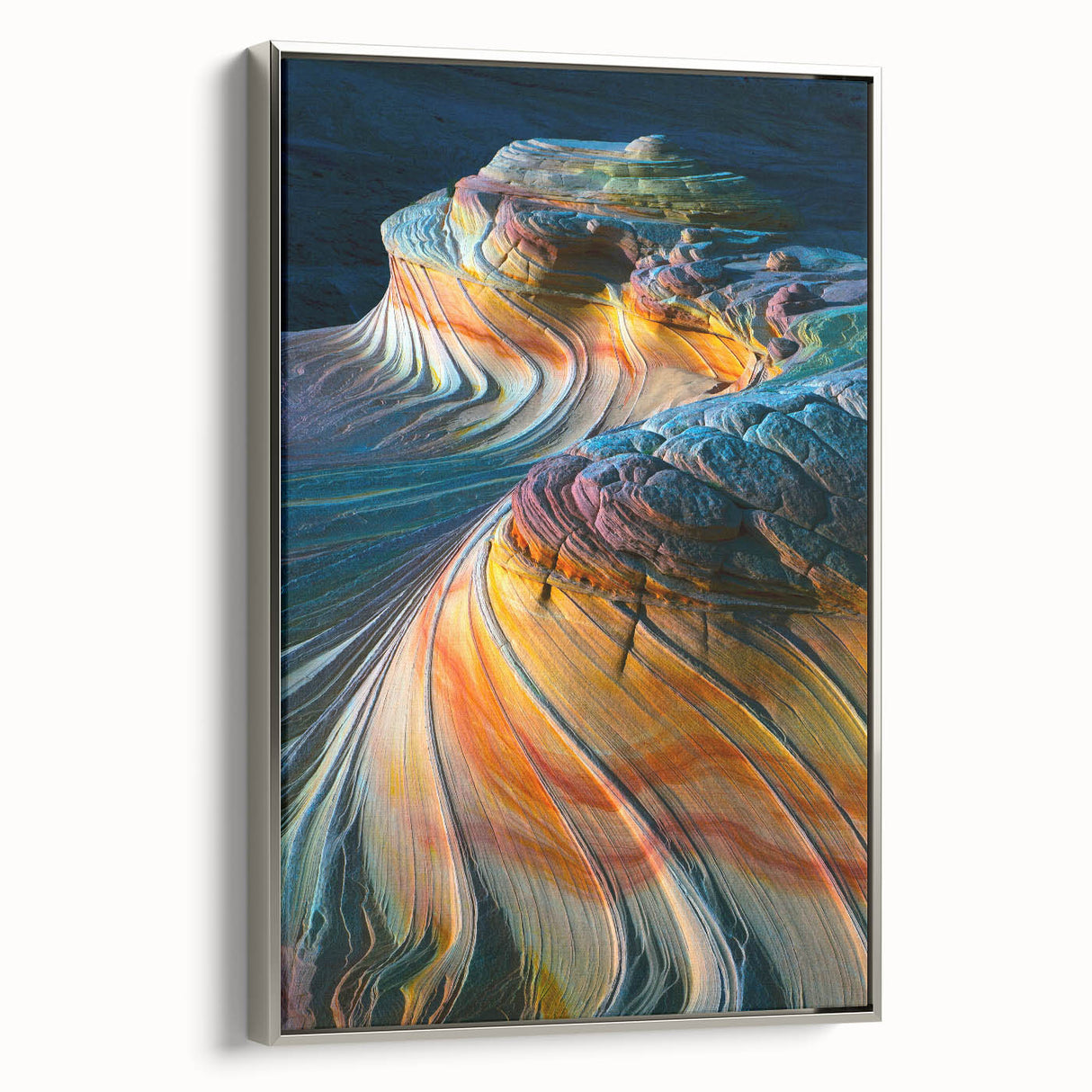 Framed canvas landscape art painting of Arizona’s Coyote Buttes in vibrant earth tones.