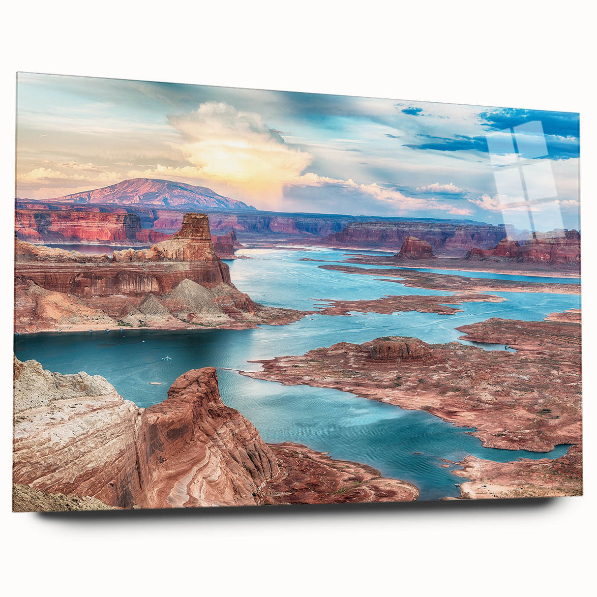 Acrylic print of Lake Powell with vivid blue and orange hues, ideal for bedroom or dining room art.