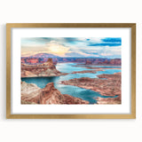 Extra large wall art featuring an abstract depiction of Lake Powell in textured shades of blue and beige, framed in gold.
