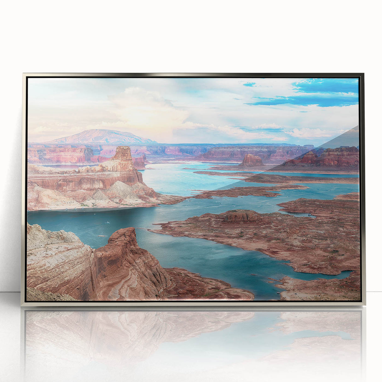 Mid-century modernist art featuring Lake Powell, Arizona in a framed acrylic print with silver hues.