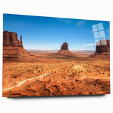 Large abstract wall art of Monument Valley on acrylic glass, featuring earth tones, ideal for bedroom or dining room decor.