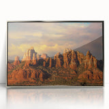 Mid-century modernist art depicting the Sedona landscape in vibrant earth tones on a framed acrylic print.