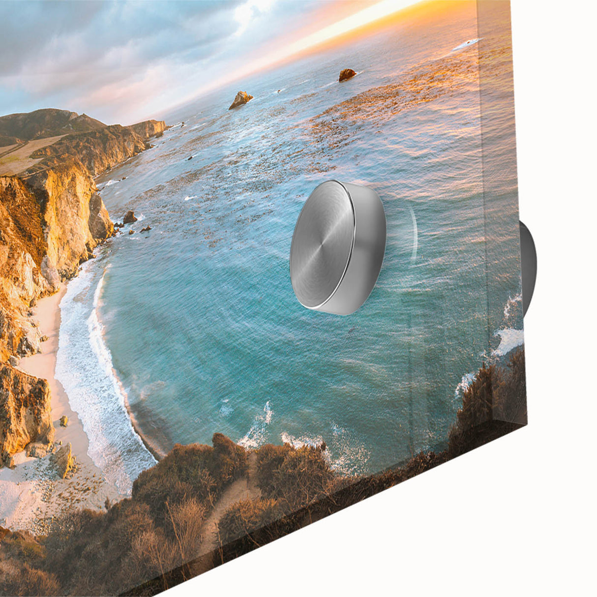 Large abstract wall art depicting the Big Sur coastline in muted earth tones on acrylic glass.