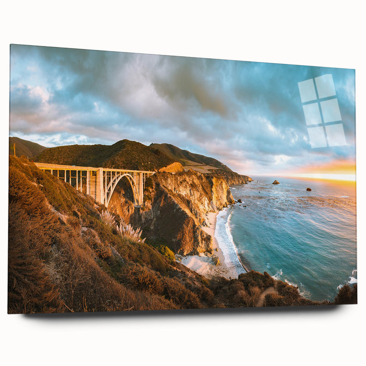 Acrylic print of the Big Sur coastline in muted earth tones, ideal for bedroom or dining room art.