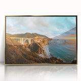 Mid-century modernist acrylic print of Big Sur coastline in muted earth tones, ideal for modern art wall decor.
