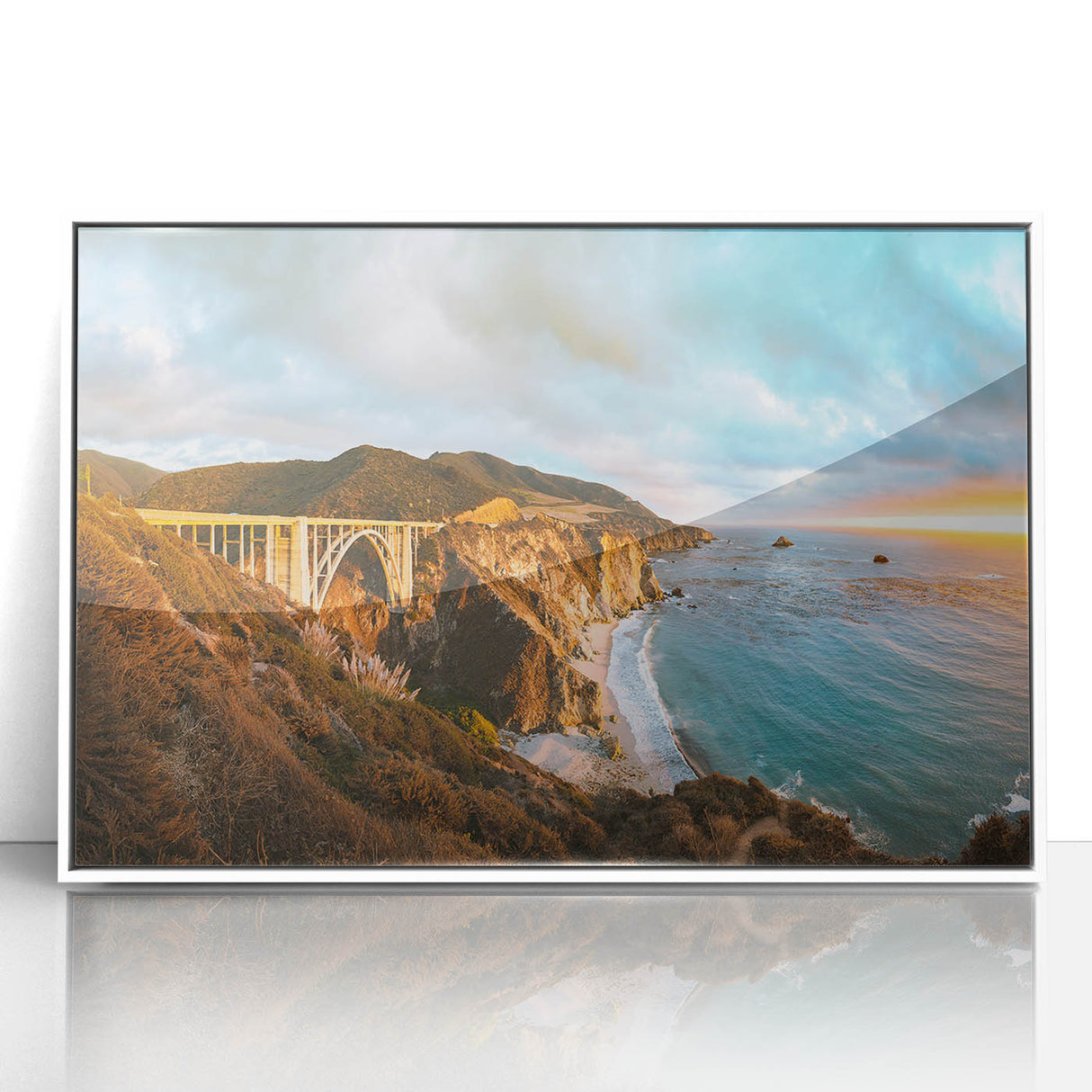 Acrylic print of Big Sur, California scenery in muted blue and green tones, framed in white.