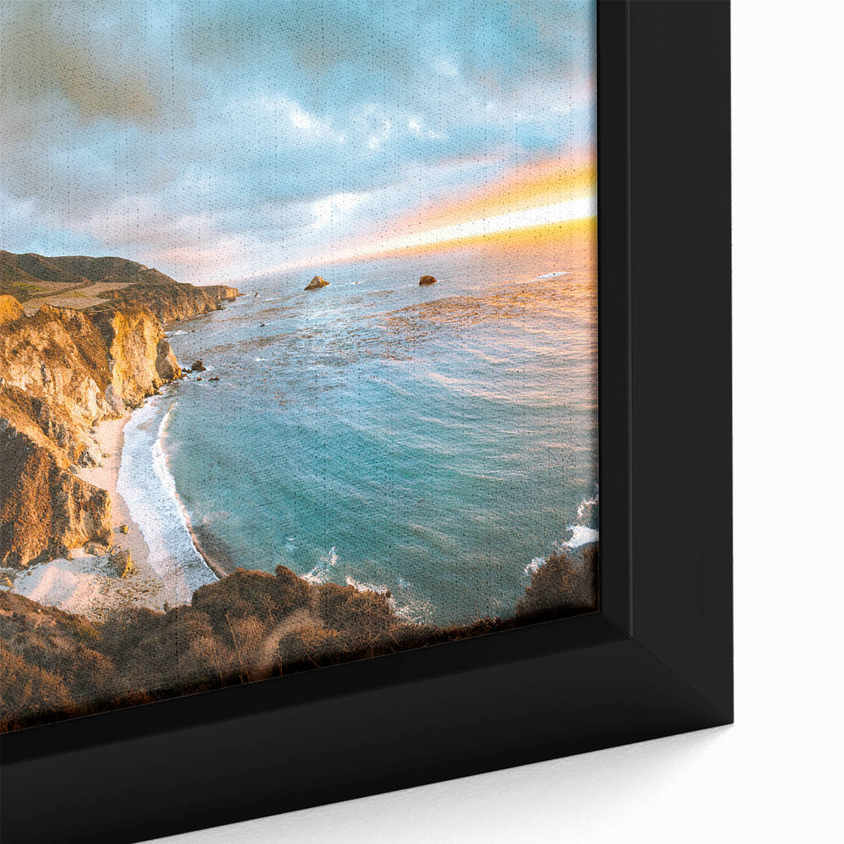 Extra large framed canvas featuring a textured depiction of California's Big Sur in black with colorful accents.