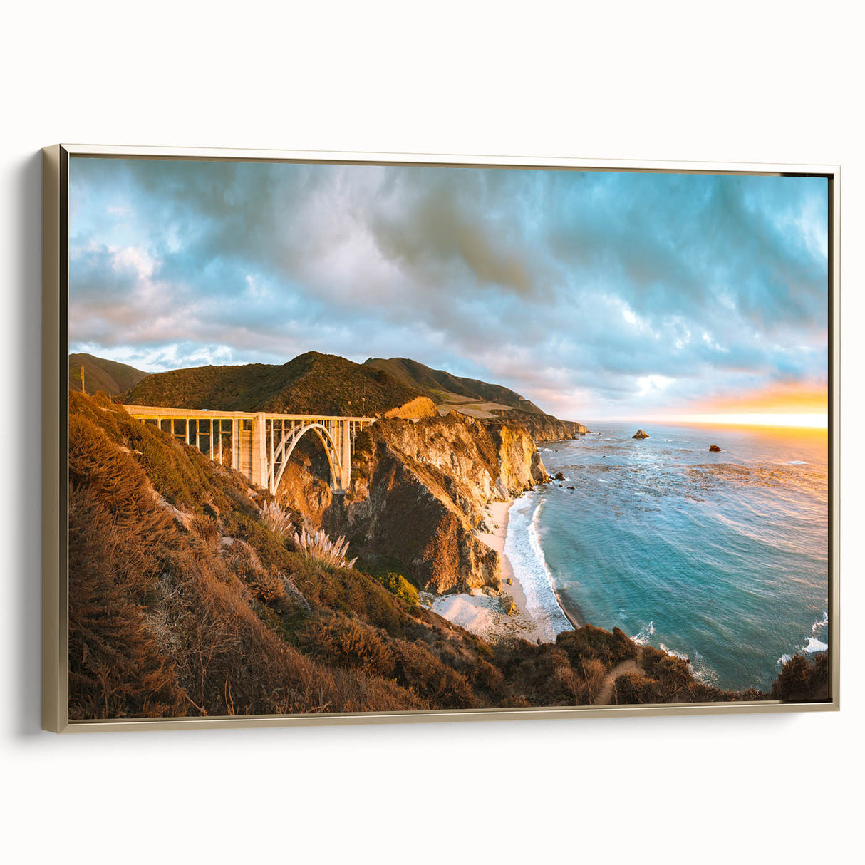 Framed canvas depicting the Big Sur coastline in muted earth tones, suitable as wall art for bedroom.