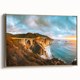 Framed canvas depicting the Big Sur coastline in muted earth tones, suitable as wall art for bedroom.