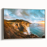 Landscape art painting of Big Sur on framed canvas, featuring a colorful palette with dominant black tones.
