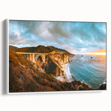 Vintage poster art of California's Big Sur in colorful hues on a large framed canvas, ideal for living room decor.