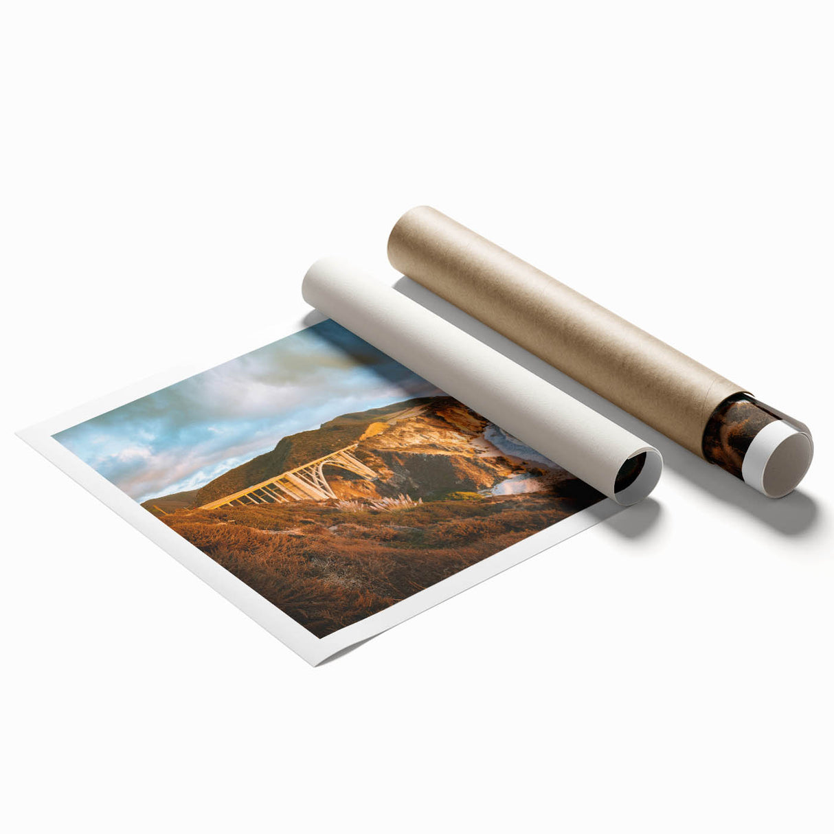 Extra large rolled print of Big Sur coastline in pastel shades, ideal for classy bathroom wall art.
