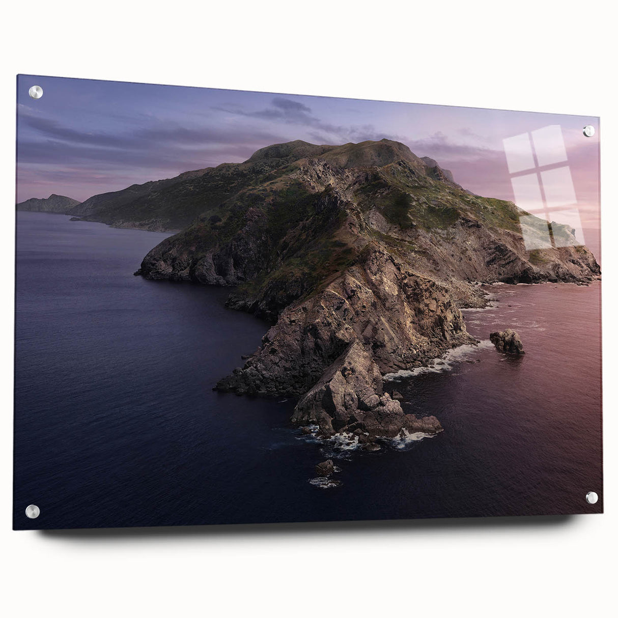 Large abstract wall art of Catalina, California, in muted blue and green tones on acrylic glass.