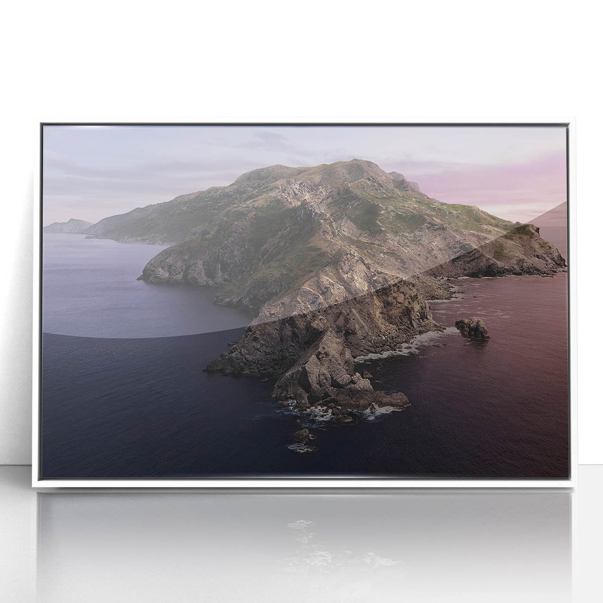 Art deco poster of Catalina, California in muted pastel colors on framed acrylic, suitable for modern nursery decor.