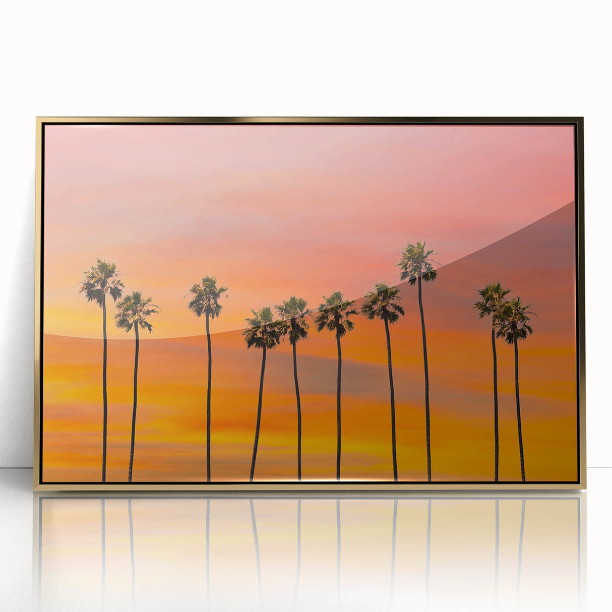 Framed acrylic print of Hollywood, California scenery in mid-century modernist style, featuring golden hues.