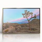 Acrylic print of Joshua Tree landscape in muted earth tones, framed in gold, ideal for modern art wall decor.