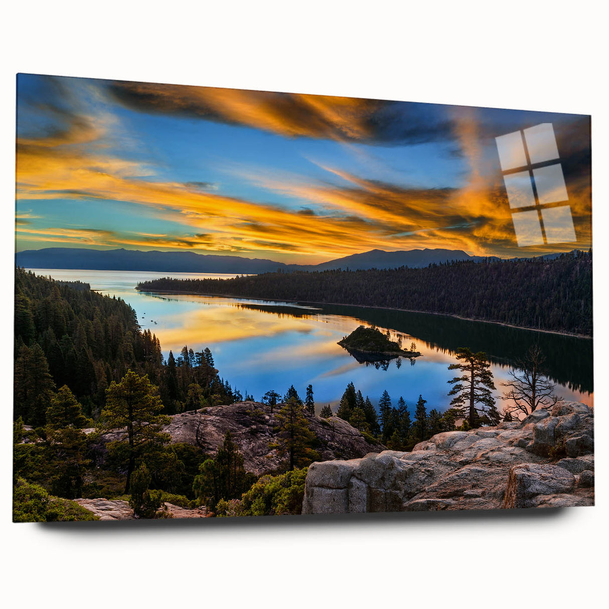 Large abstract wall art of Lake Tahoe in muted blue and green tones on acrylic glass, ideal for bedroom or dining room decor.