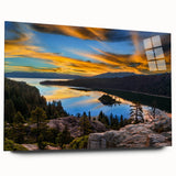 Large abstract wall art of Lake Tahoe in muted blue and green tones on acrylic glass, ideal for bedroom or dining room decor.