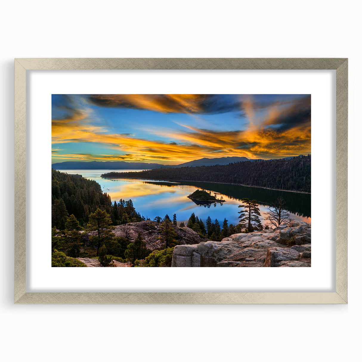Textured abstract art print of Lake Tahoe in soft blue and gray tones on a framed canvas, ideal for bedroom art.