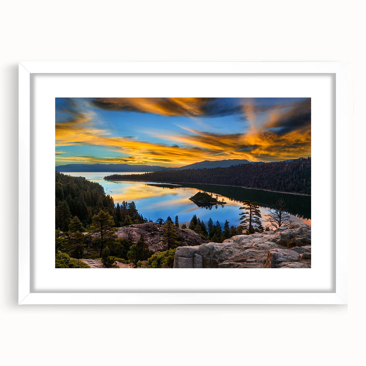 Abstract art print of Lake Tahoe with muted blue and green tones on a framed white mat, ideal for dining room decor.