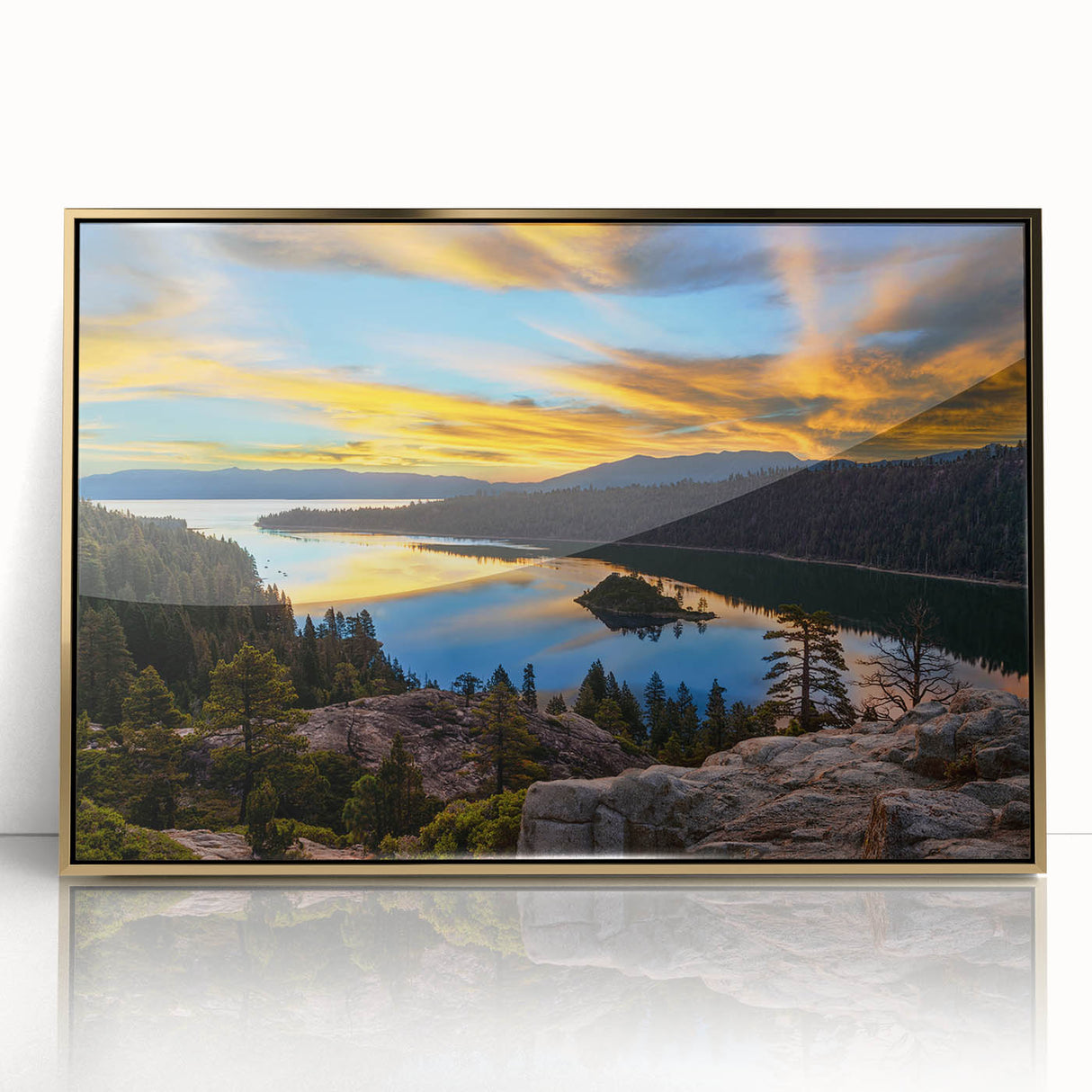 Framed acrylic print of Lake Tahoe with a mid-century modernist style, featuring blue and green hues.