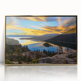 Framed acrylic print of Lake Tahoe with a mid-century modernist style, featuring blue and green hues.