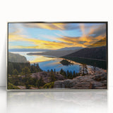 Mid-century modernist art of Lake Tahoe in muted blues and greens on a framed acrylic, suitable for modern art wall decor.