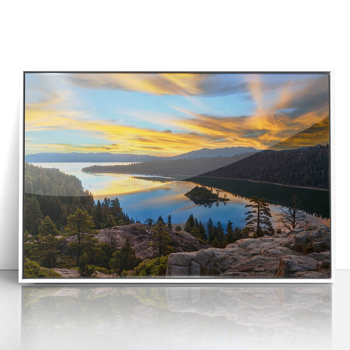 Acrylic print of Lake Tahoe with a white frame, featuring serene blue and green tones.