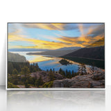 Acrylic print of Lake Tahoe with a white frame, featuring serene blue and green tones.